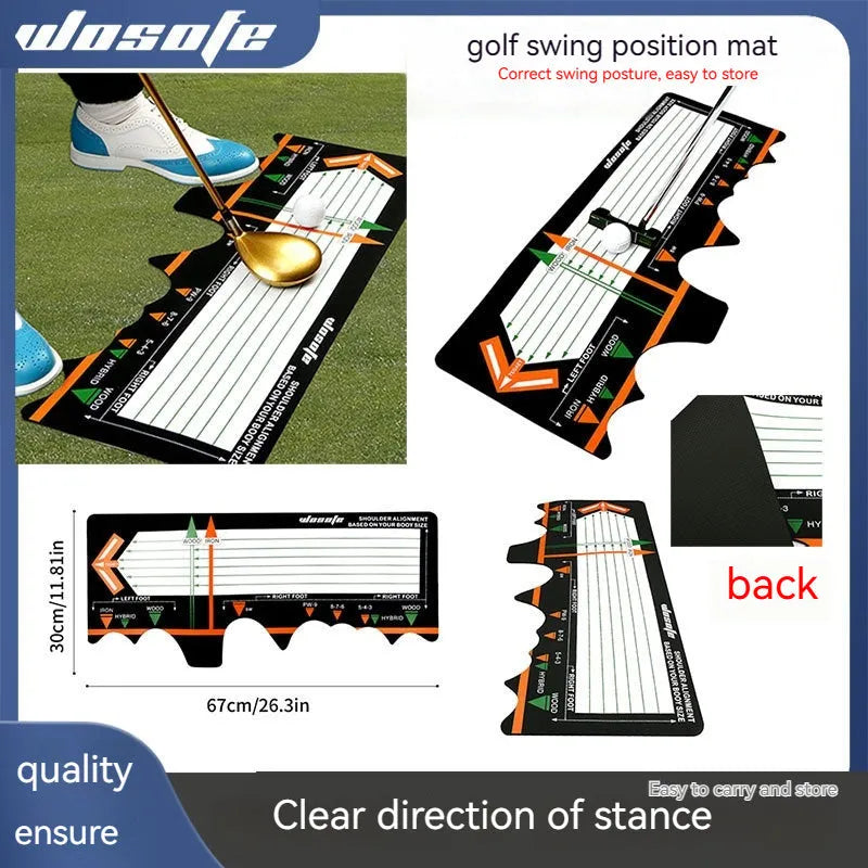 Black neoprene golf swing posture correction mat for stance training and alignment practice