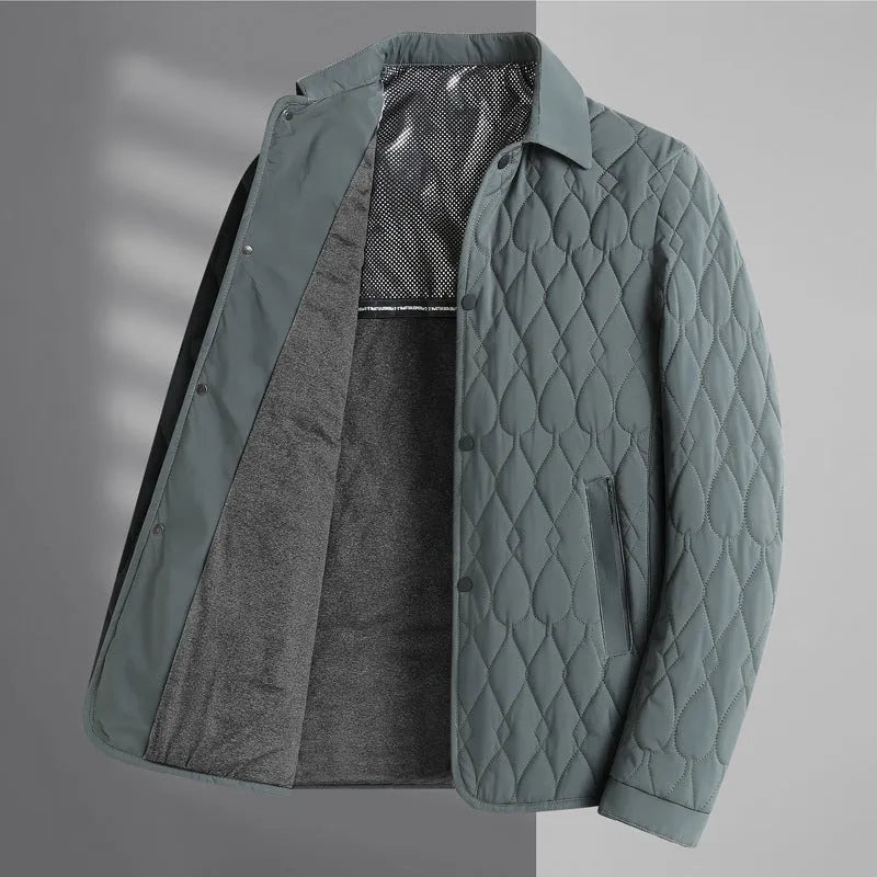 Men's lightweight diamond lattice cotton-padded jacket in black, front view, regular fit, polyester fabric, autumn winter business casual coat