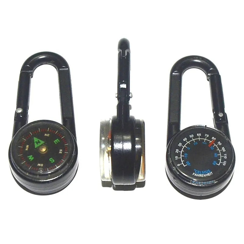 Zinc alloy double-sided climbing carabiner with integrated thermometer and compass in black, army green, and rose gold colours