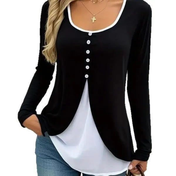 Women's casual contrast colour long-sleeved slim fit T-shirt in available colours and sizes