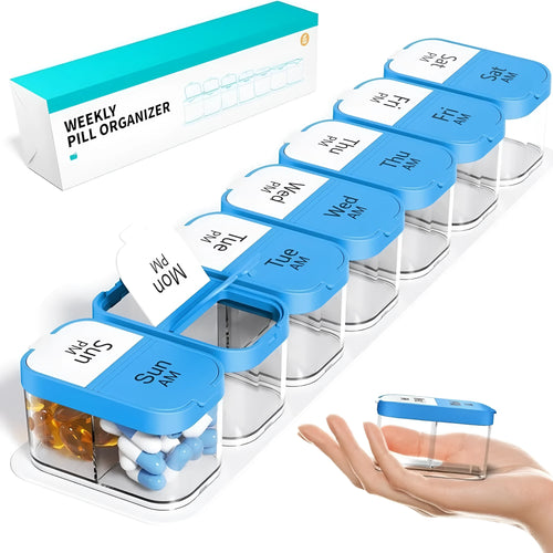 White and rainbow coloured disassemblable plastic pill organiser box with 14 compartments.