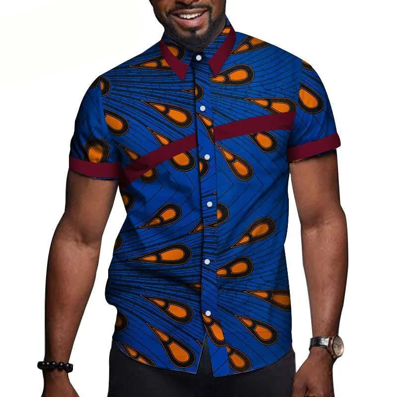 African men cotton printed short sleeve T shirt colourblock lapel collar fitted leisure top
