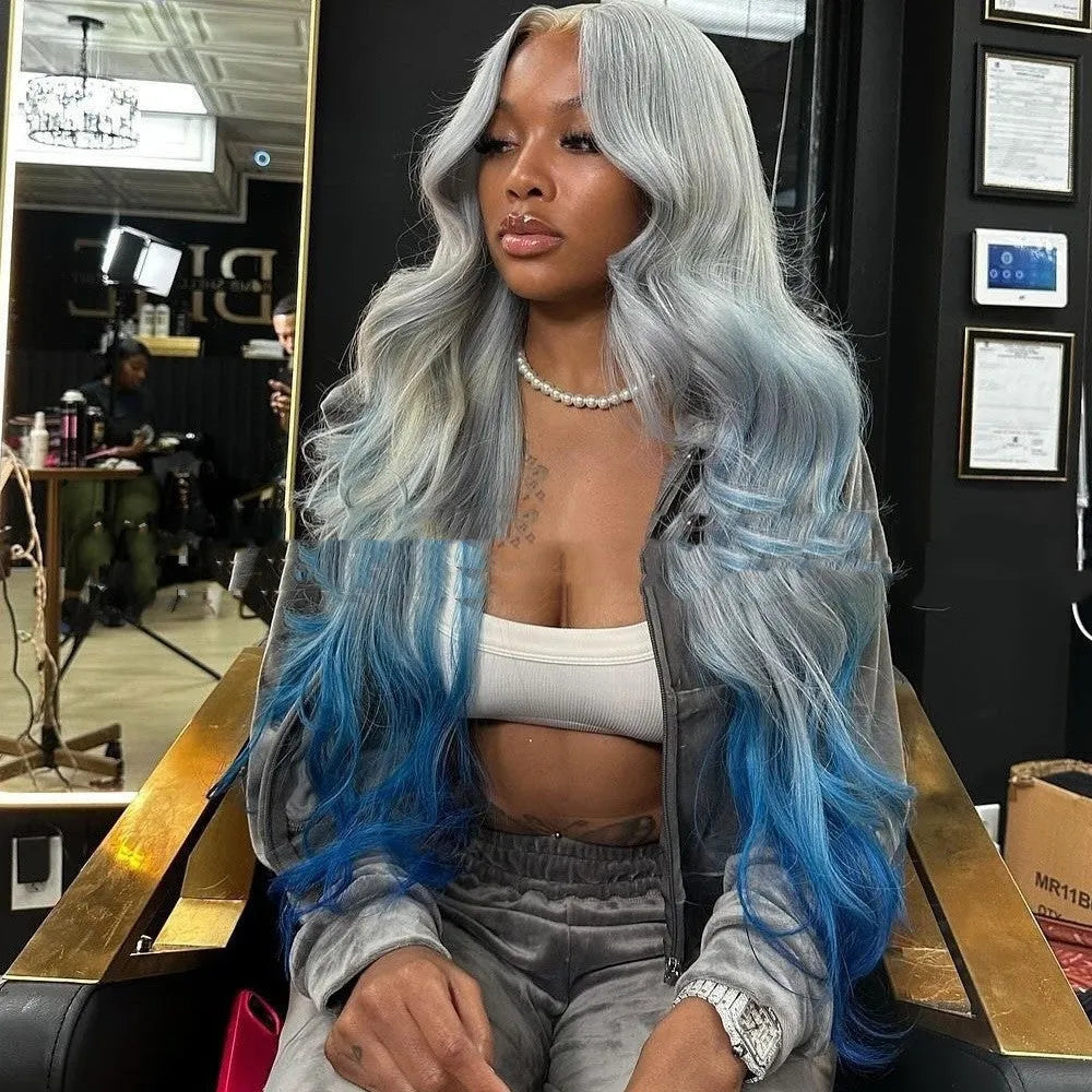 Grey-blue gradient human hair lace front wig with natural hairline on mannequin