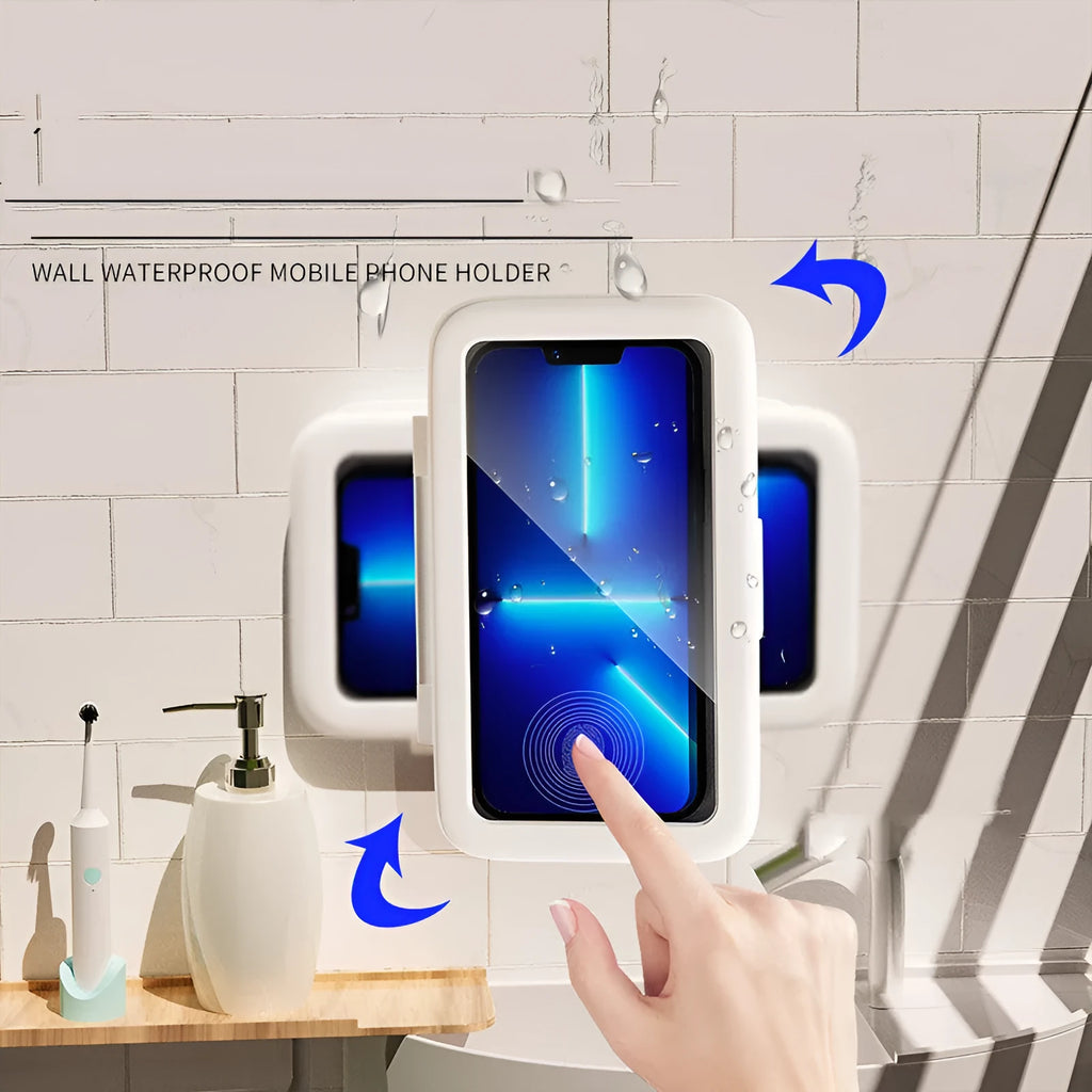 White waterproof phone holder mounted on tile with phone inside showing touch screen and anti-fog window.
