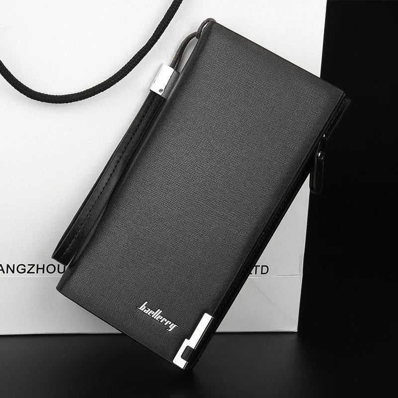 Men's black PU leather wallet with a silver zipper, shown open to reveal multiple card slots and compartments.