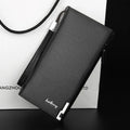 Men's black PU leather wallet with a silver zipper, shown open to reveal multiple card slots and compartments.
