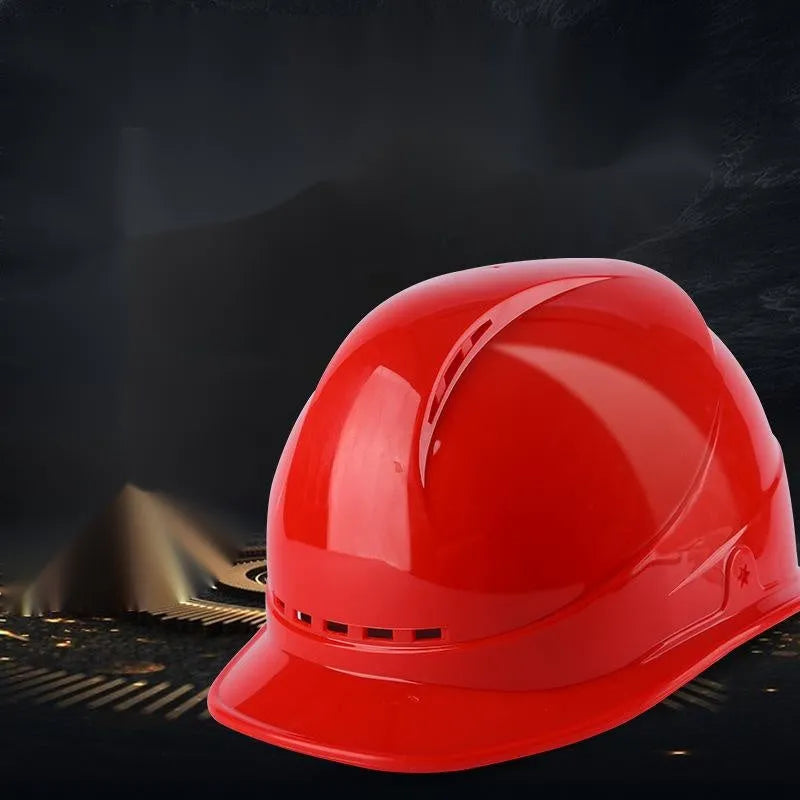 Construction safety helmet in red with adjustable rear hoop and vent holes