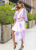 Light purple lace embroidery beach cover-up dress with cotton lining shown as swimwear outer layer