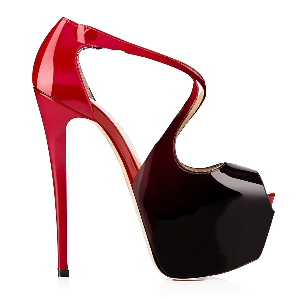 Women's black and red peep toe high heel shoes with matching cross straps and super high heels