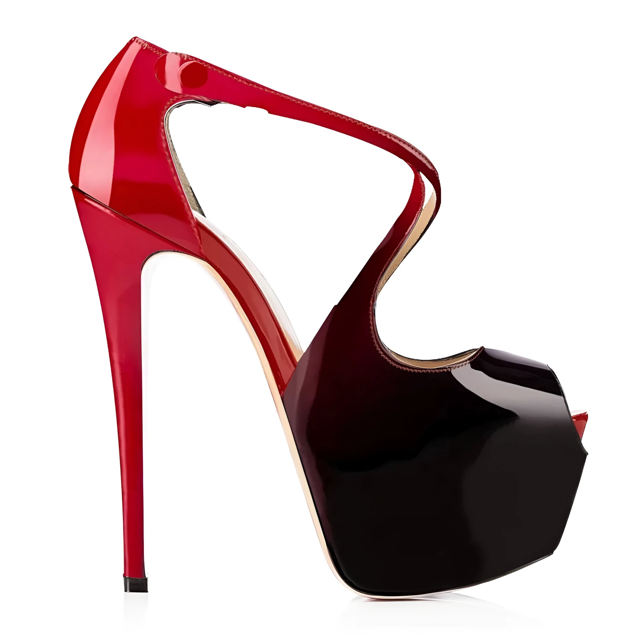 Women's black and red peep toe high heel shoes with matching cross straps and super high heels