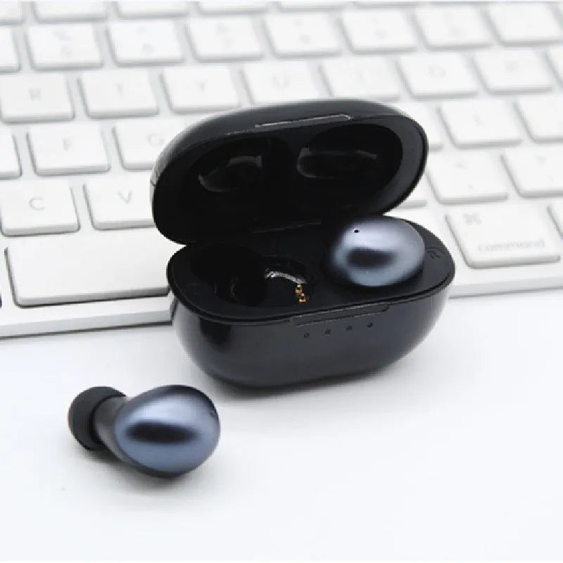 Black wireless Bluetooth stereo earbud headset with subwoofer for calls and music