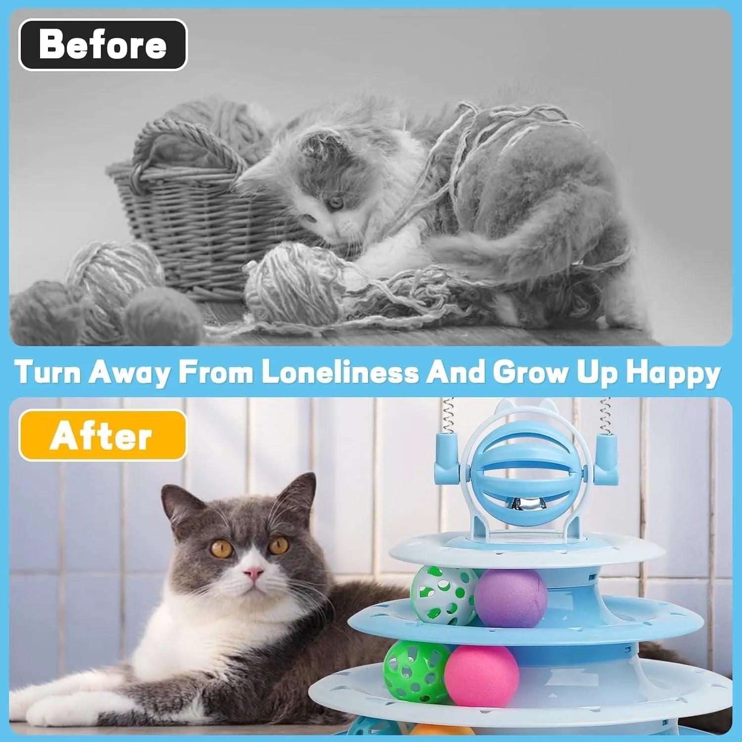 Blue four-tier interactive cat carousel toy with balls and teasing rods on a non-slip base.