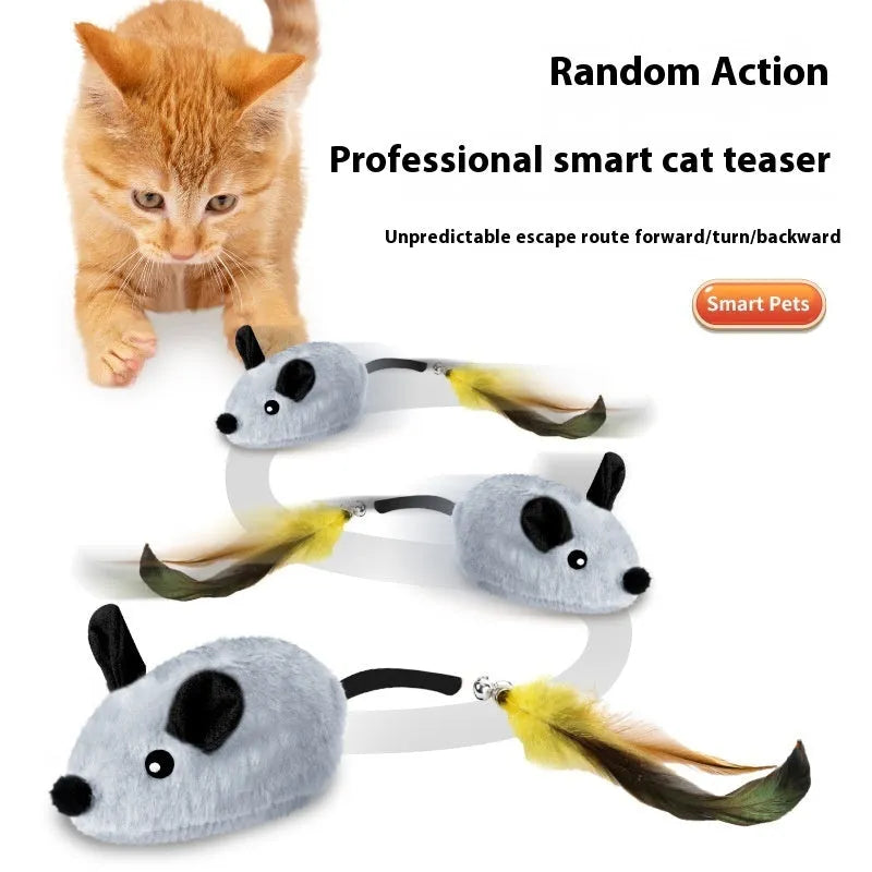 Grey plastic electric cat toy mouse with feather tail decoration and USB charging cable