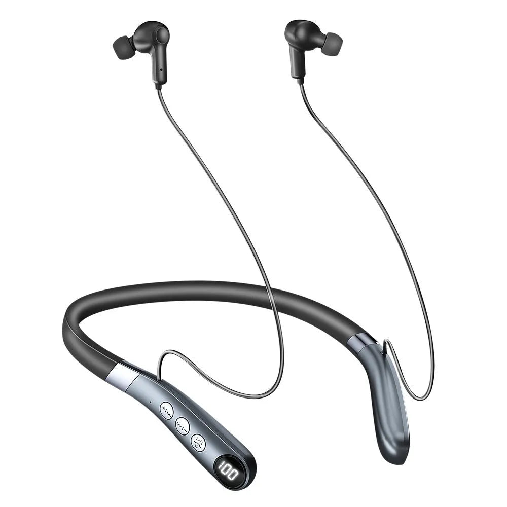 Wireless Bluetooth headset in black with digital display screen, silicone ear pieces, intelligent noise reduction, 16-channel hearing aid chip