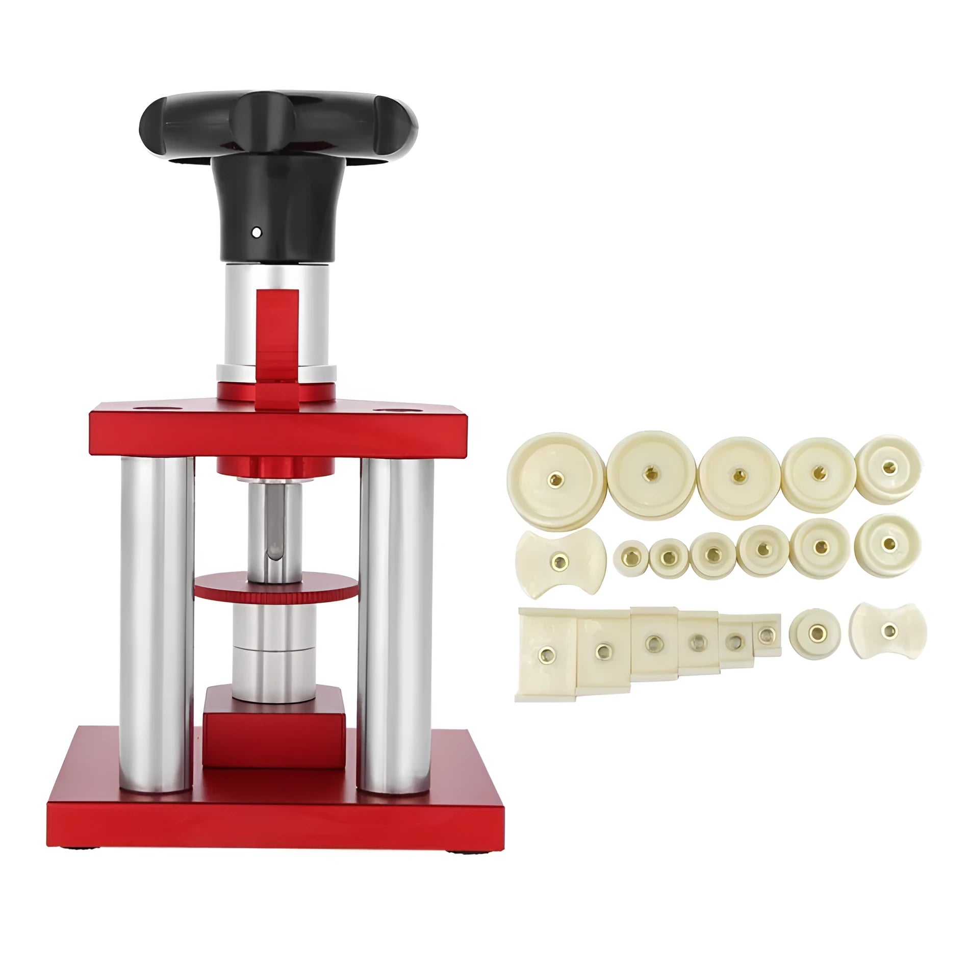 Spiral cap presser watch repair tool with a set of 20 plastic moulds for watch back covers.