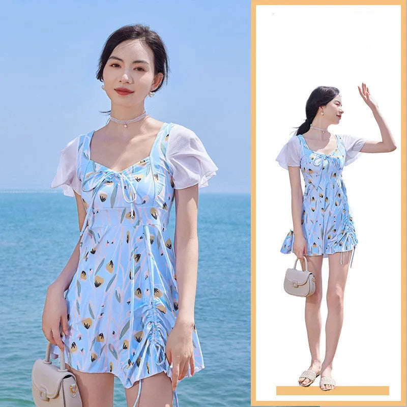 Women's floral pattern one-piece swimsuit in sea salt blue colour