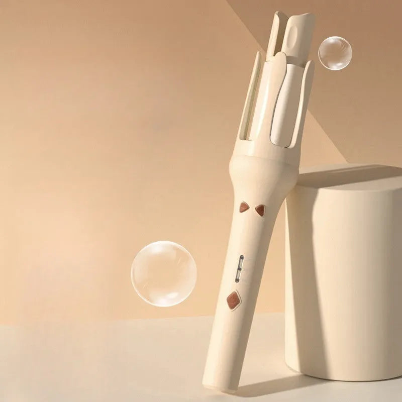 White and pink automatic hair curler with a rotating 32mm ceramic barrel and digital temperature display.