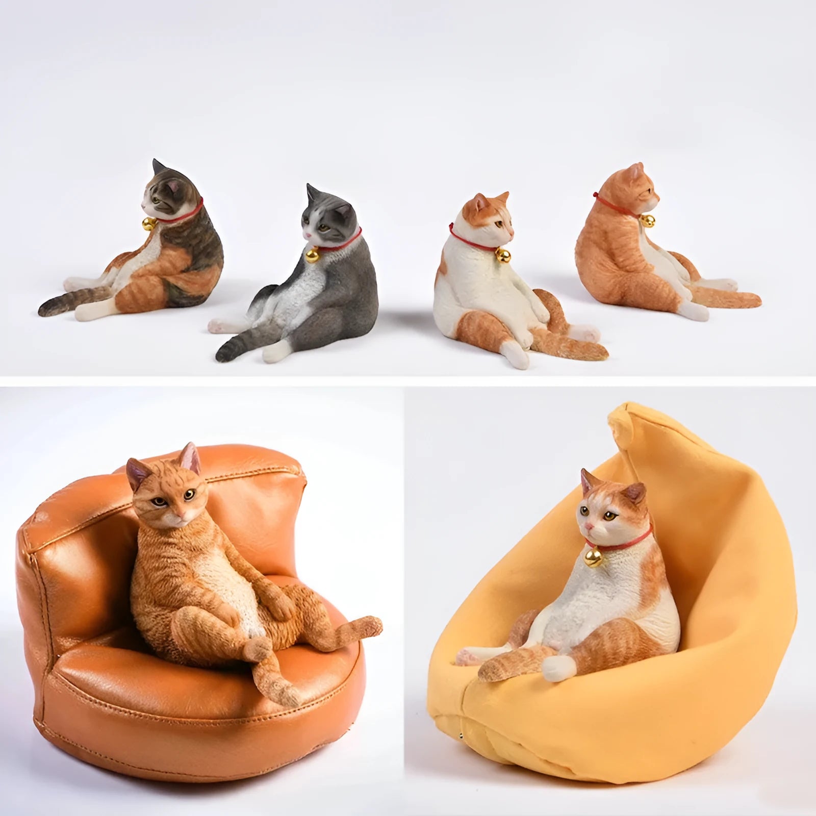 Lazy cat figurine reclining on a sofa, a small resin car dashboard ornament.