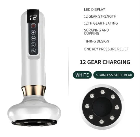 Green electric vacuum cupping massager with USB charger on a white background.
