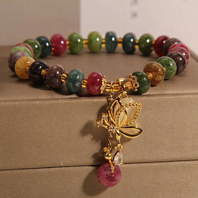 Women's colourful butterfly charm bracelet with alloy and tourmaline beads