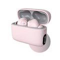 Bluetooth smart in-ear headphones in white, black, dark blue, or lotus root, with charging case and cable.