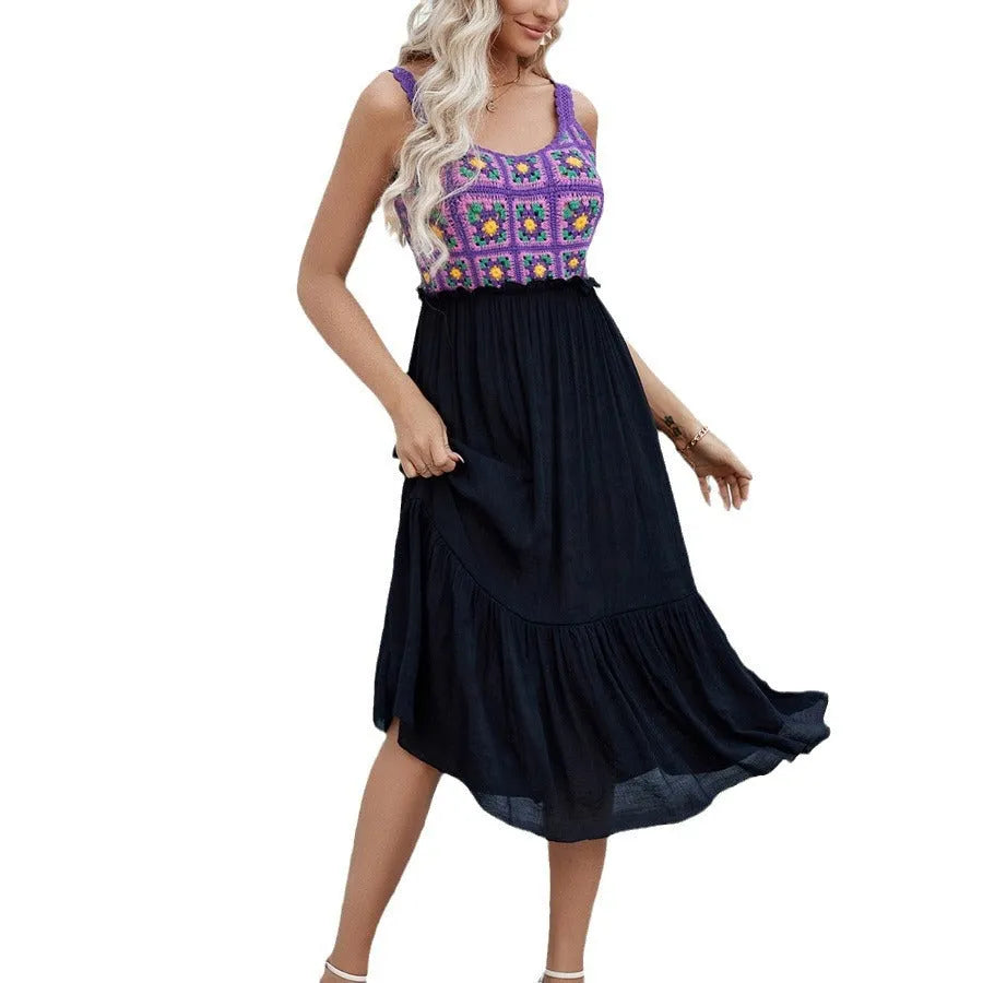 Purple sleeveless dress with hand hook flower stitching floral pattern, cotton blend fabric with polyester lining