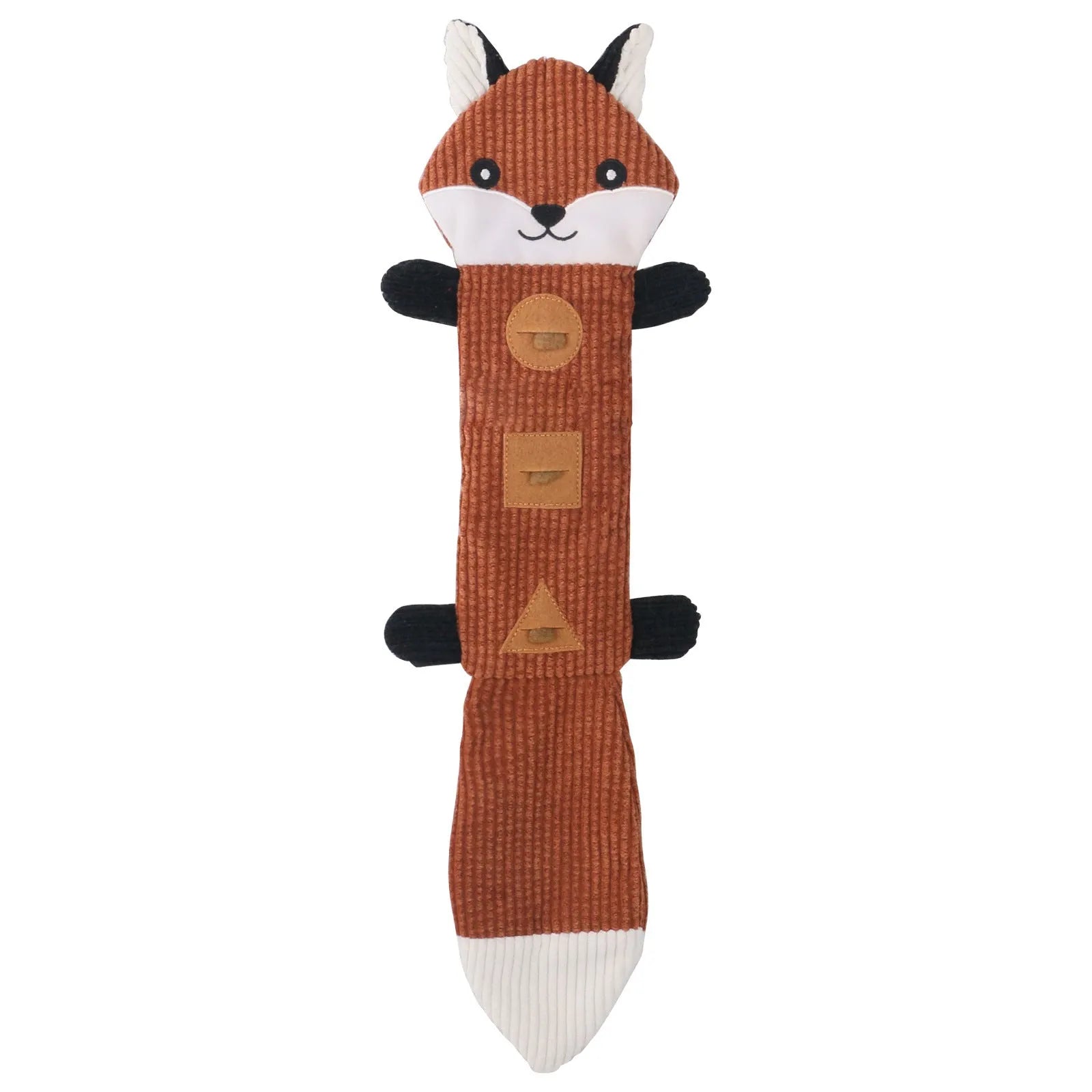Plush dog chew toy shaped like a fox with squeaker and treat pockets, 47cm long