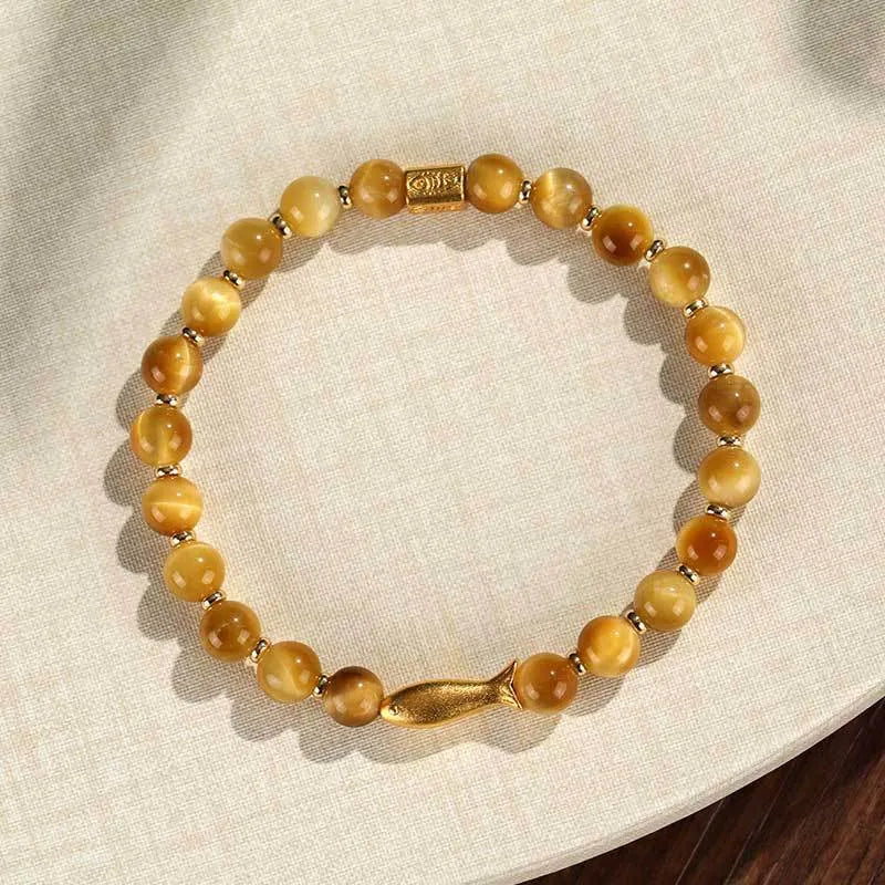 Handmade small fish beaded bracelet in natural tiger eye gemstones for women