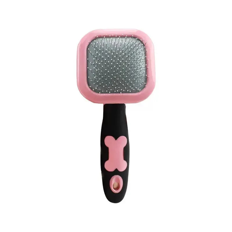 Blue large rectangular pet grooming brush with stainless steel bristles and rubber handle on white background
