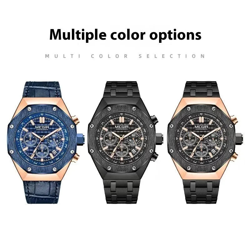 Men's waterproof quartz watch showing three strap options: blue silicone, rose gold edged black steel, and all black steel