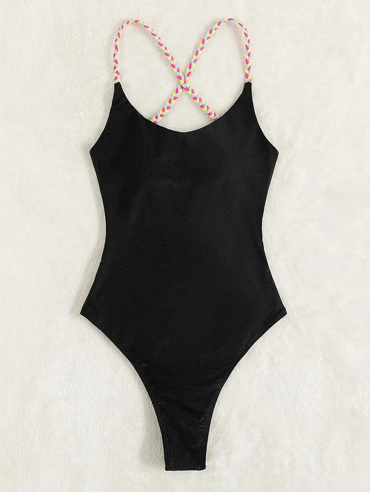 Black solid colour backless one-piece swimsuit made from nylon fabric