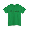 Green cotton short-sleeve top with a printed letter design on the front, showing a regular sleeve cut.