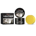 Leather cleaning cream kit with 100g PET bottle and applicator sponge on a leather sofa