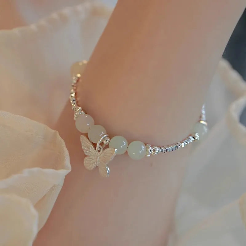 Hetian jade silver butterfly bracelet and necklace set with electroplated copper construction