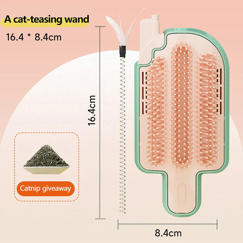 Ice cream-shaped cat scratching toy with corner rubbing post, mint ball, and feather attachment on white background.