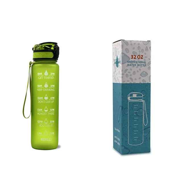 Blue and red gradient 1-litre Tritan sports water bottle with time markers, flip-top lid, and wrist strap.