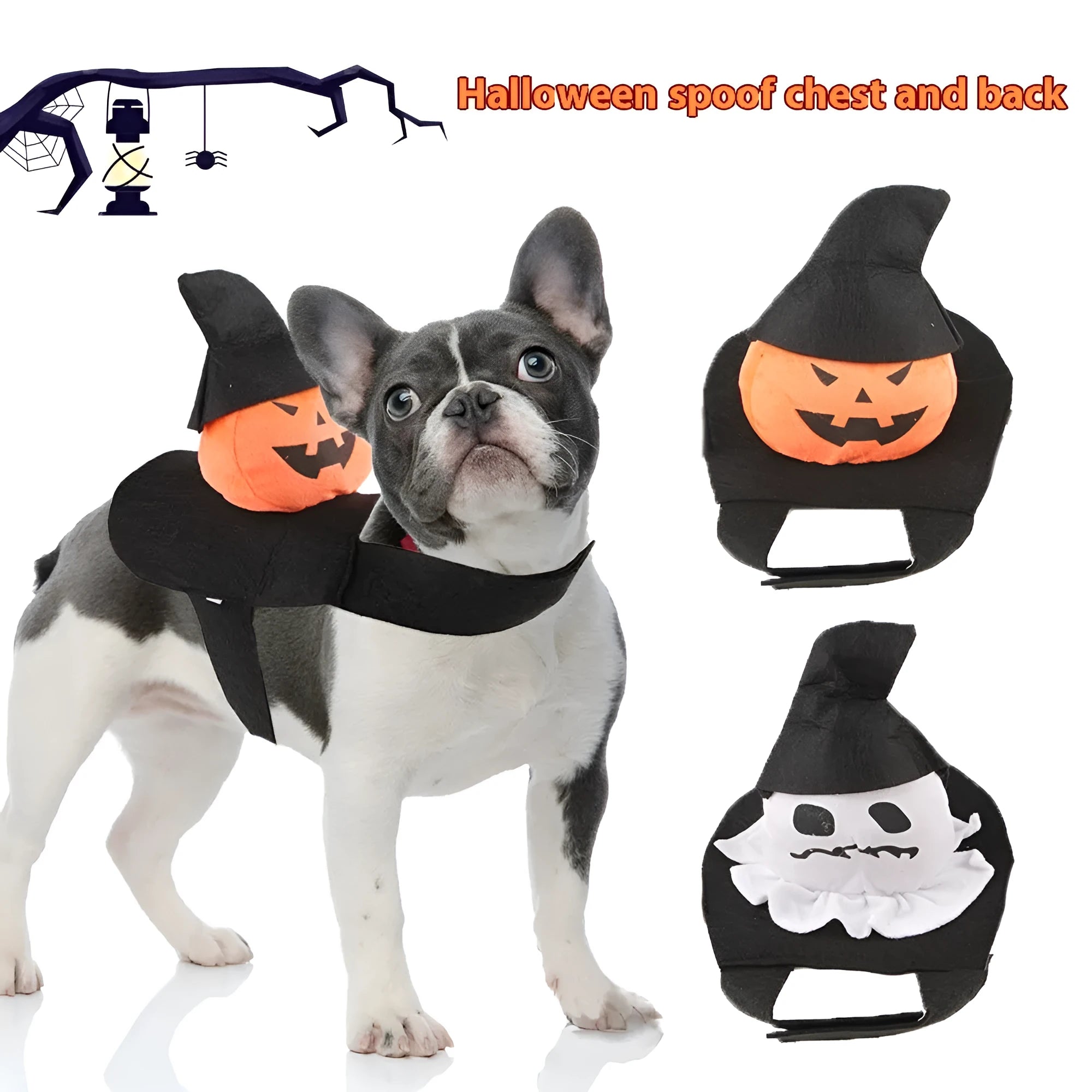 Dog wearing a PP cotton Halloween costume in a ghost or pumpkin ghost design.
