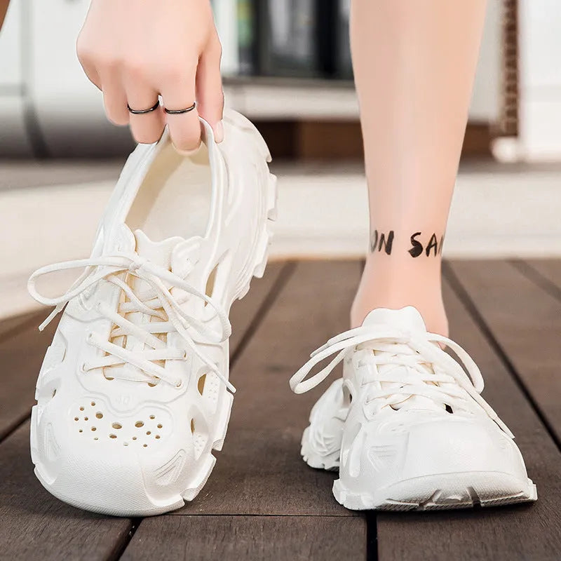 Men's black lace-up sports sandals with EVA upper and non-slip sole on a white background