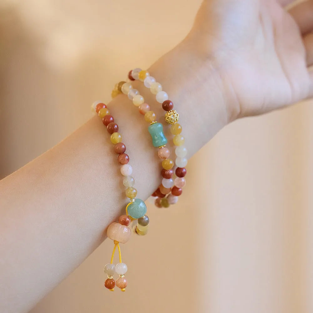 Women's three-circle pumpkin tassel bracelet in Jinsi Jade with 6mm beads for 14-16cm wrists