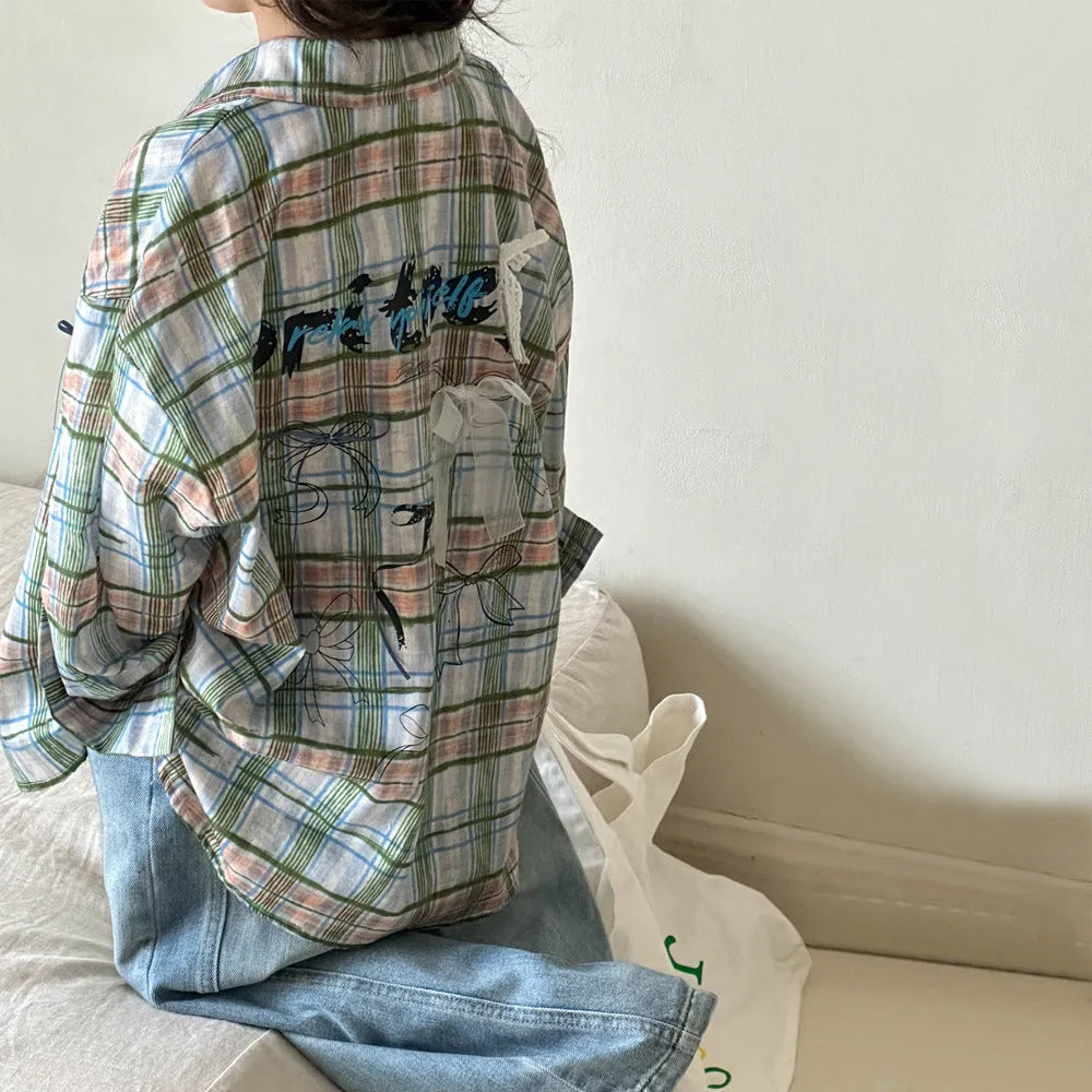 Little Red Fish blue plaid cotton long sleeve shirt for girls 110cm-160cm spring autumn casual