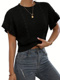 Knitted pullover sweater with ruffled short sleeves on a mannequin, shown in white colour.