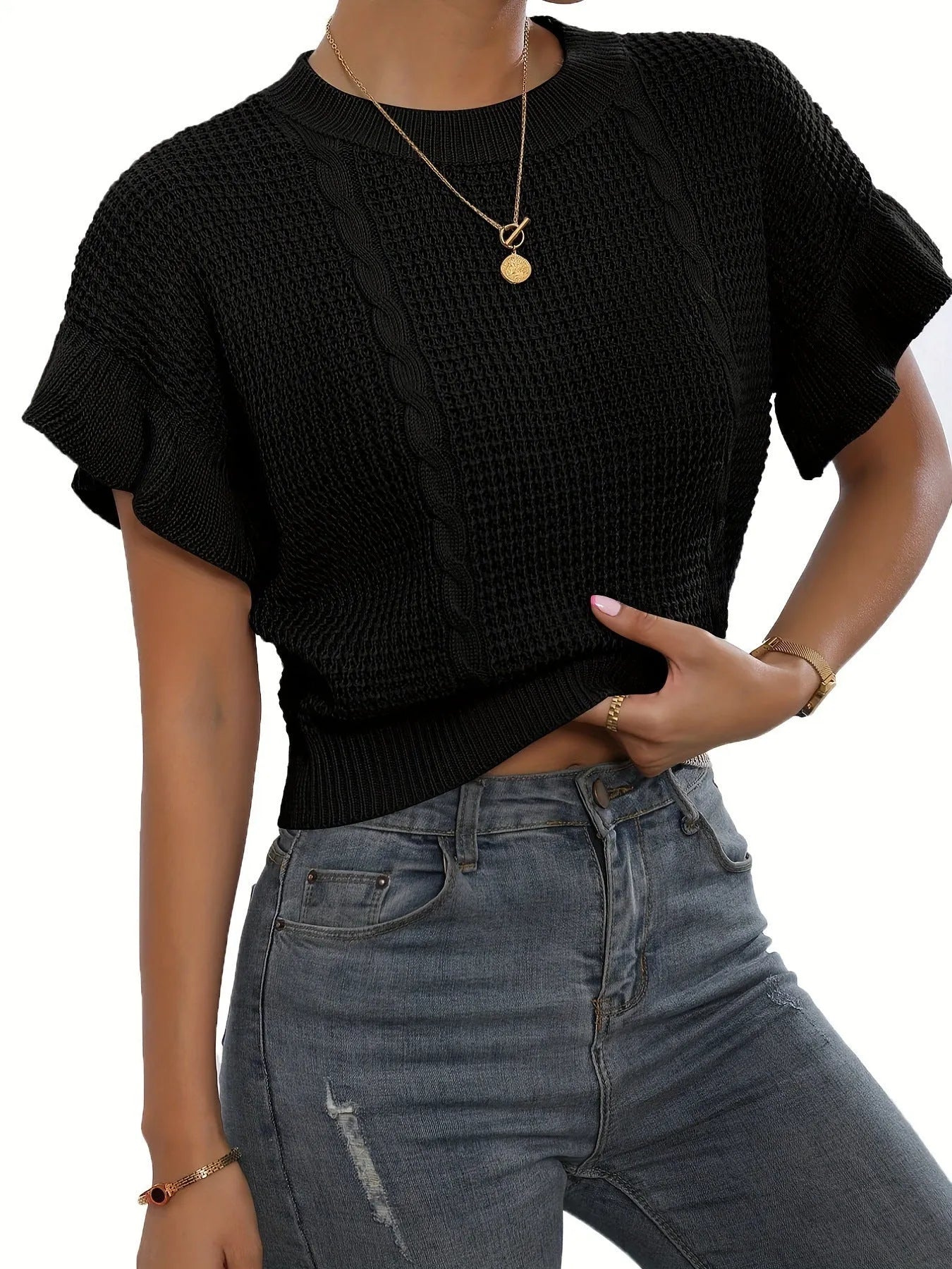 Knitted pullover sweater with ruffled short sleeves on a mannequin, shown in white colour.