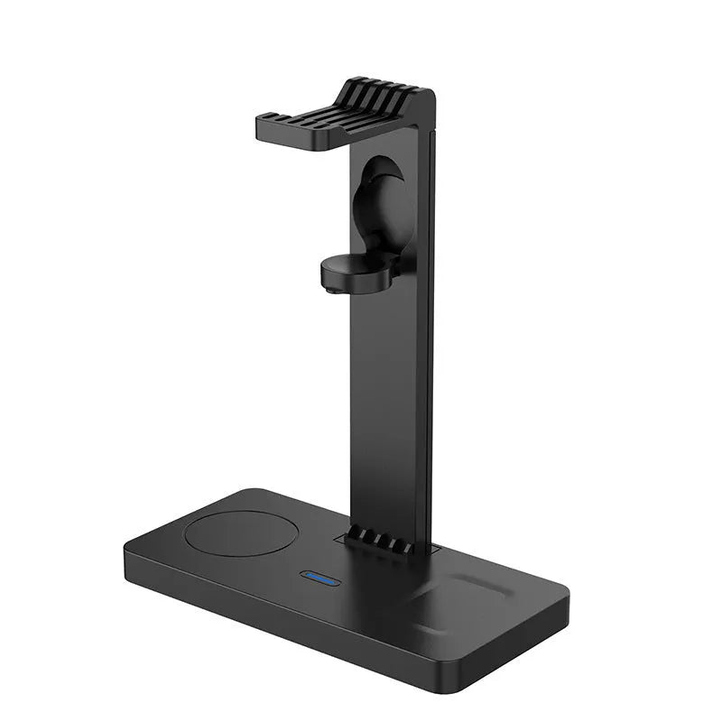 Black multi-device wireless charging station for phone, watch and headset with LED indicators