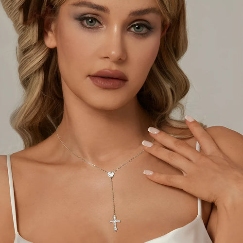 Silver love cross necklace with V-shaped pendant on an O-ring chain, colour BSN384.