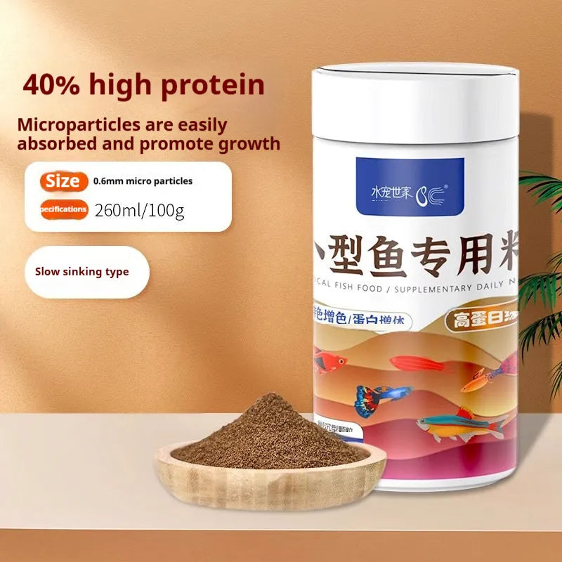 Small fish food granules in a bottle, 0.2mm to 0.6mm, 150ml or 260ml, 60g or 100g