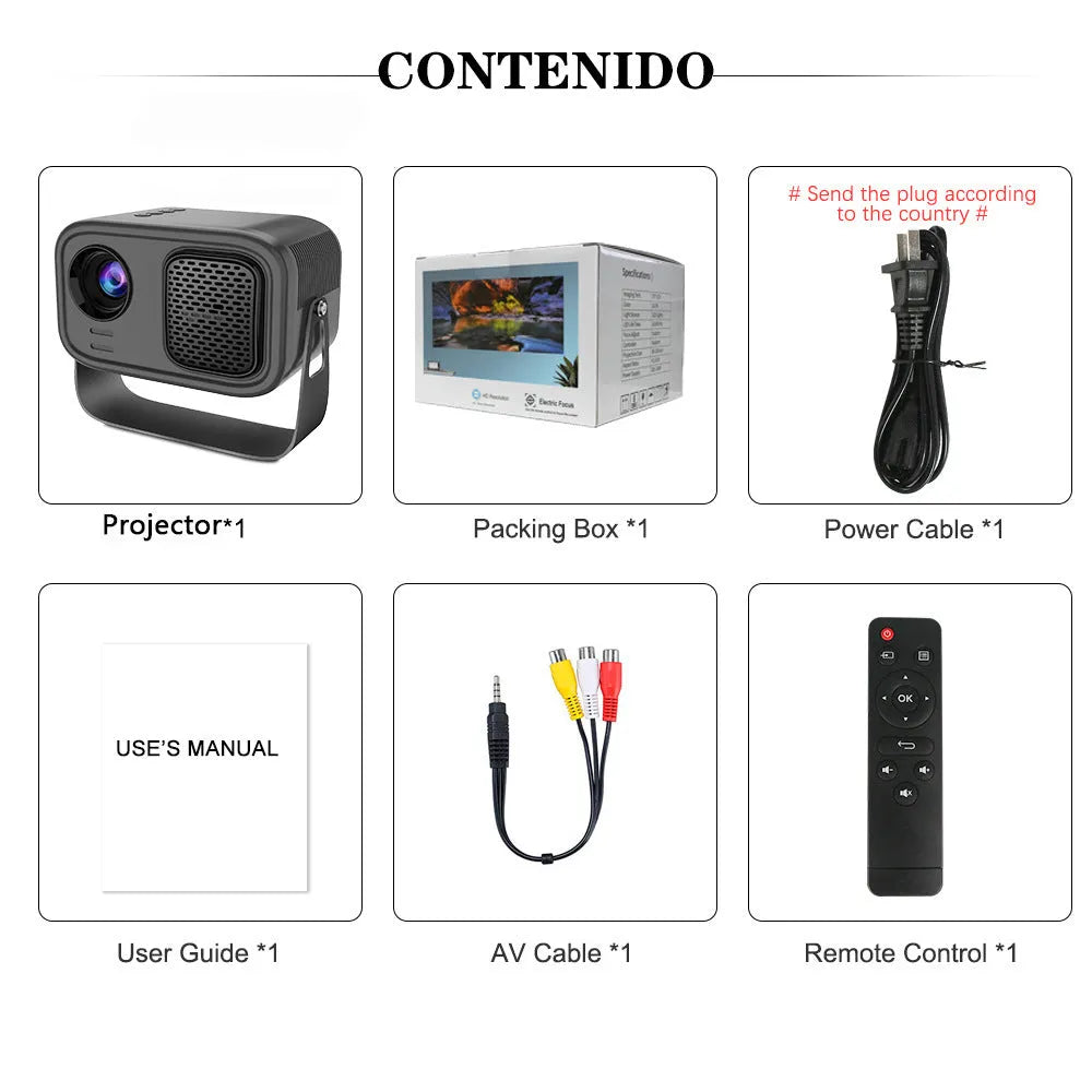Black portable smart projector with remote control showing 1280x720 HD resolution and Android interface