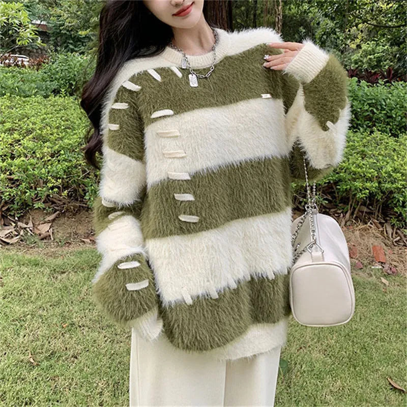 Women's loose fit striped pullover sweater in green or pink, one size, polyester