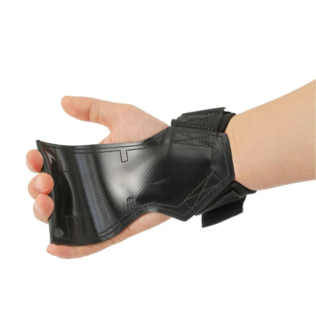Black rubber palm protection band for weightlifting and rock climbing grip.