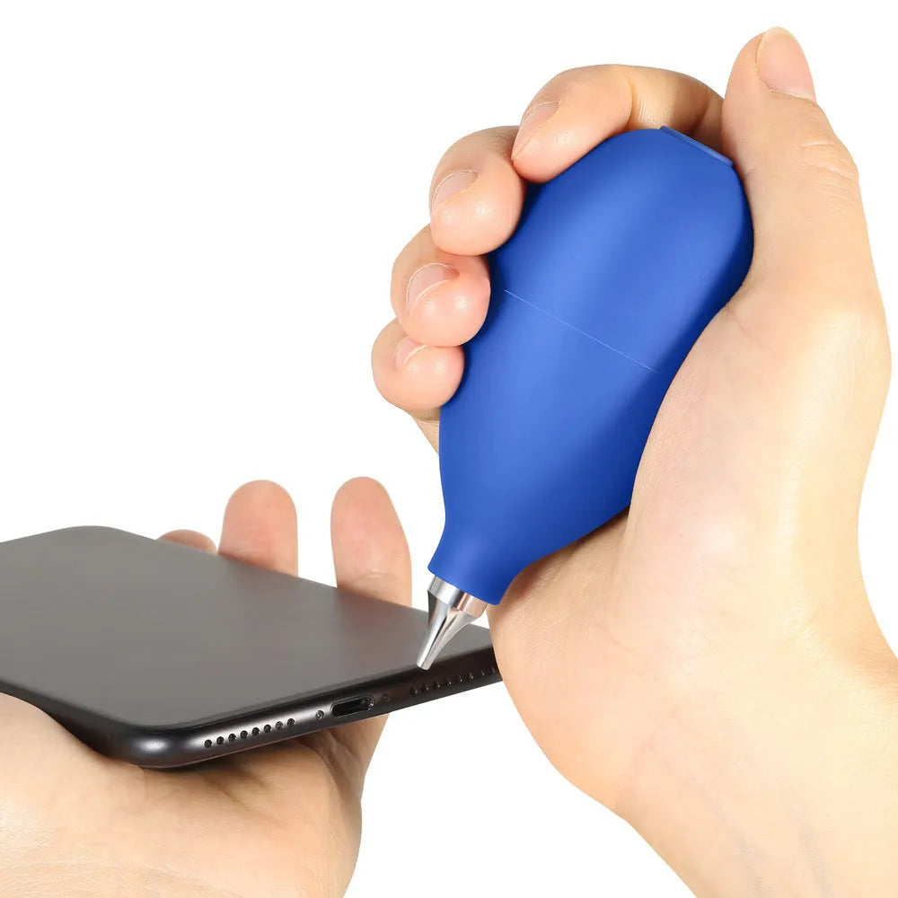 Blue rubber handheld dust blower cleaning tool for cameras and mobile phones.