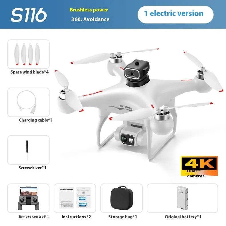 Black S116 brushless toy drone with four propellers, obstacle avoidance sensors, and a front-facing HD camera.